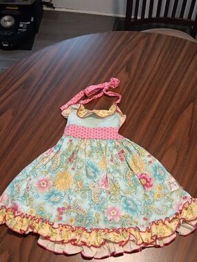 Ava & Grace Girls Floral Light Blue, Pink and Yellow Halter Dress